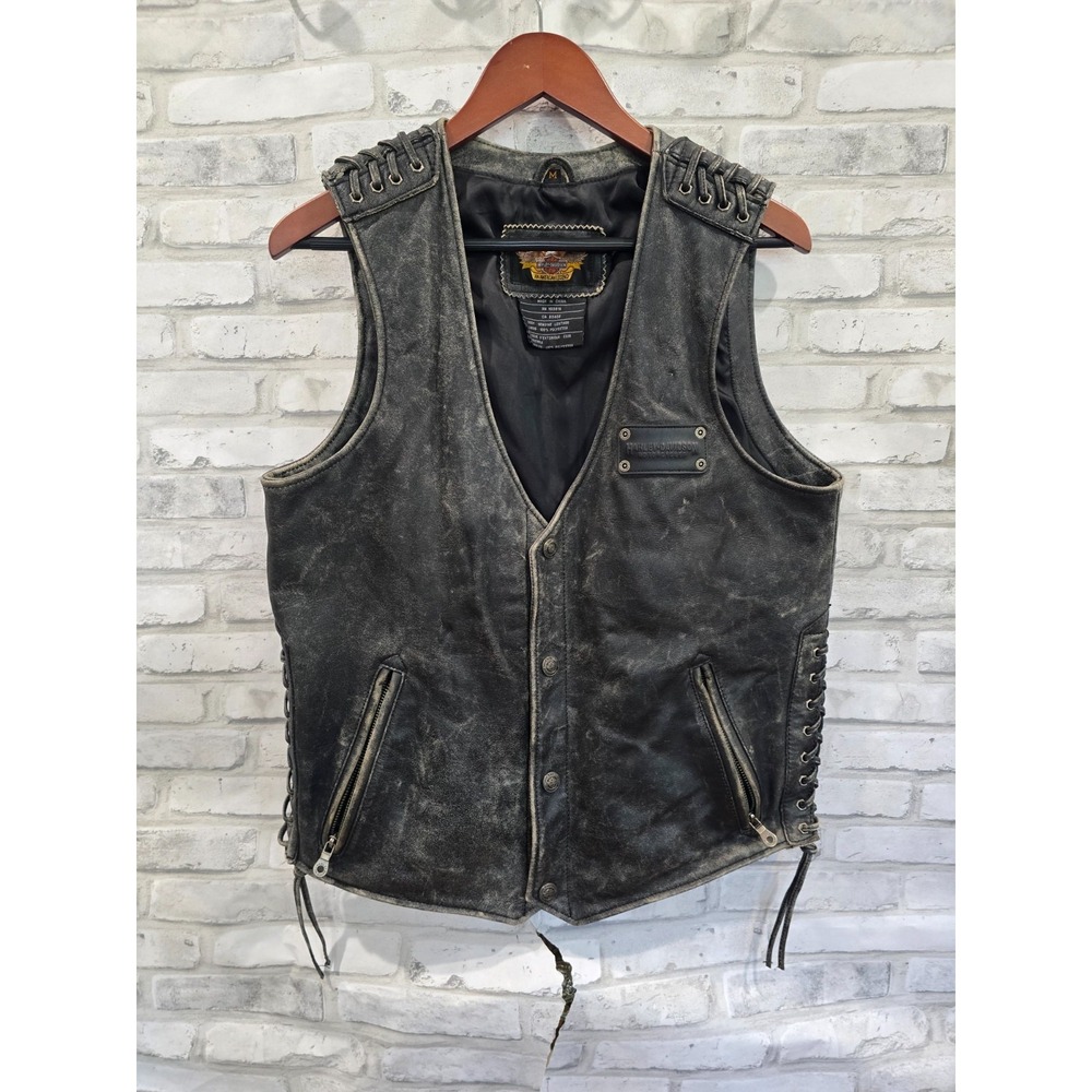Vintage Harley Davidson Vest M Black Leather Biker Lace Sides Distressed